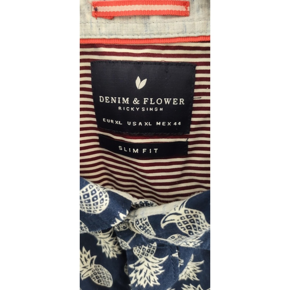 Denim And Flower Ricky Singh Navy Blue & White Pineapple Slim Fit Shirt Size XL - Picture 6 of 9